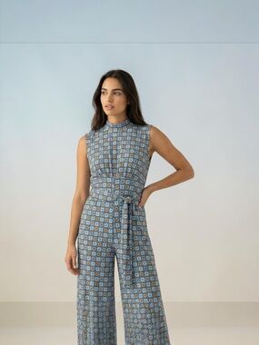 Free People Vibe Check Sleeveless Geo-Print Wide-Leg Jumpsuit Blue and Brown XL